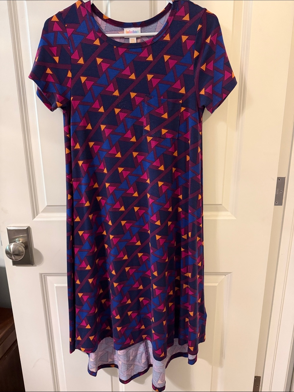 LuLaRoe High Low Dress in Navy with Pink, Blue & Orange Triangle Print